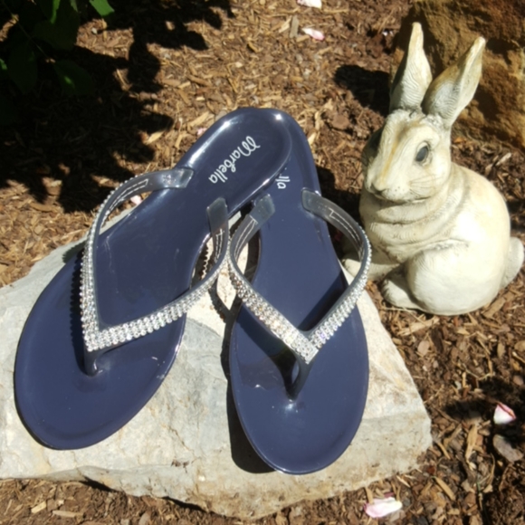 MARBELLA ♡ Gorgeous Navy Embellished Bling of Rhinestone Jelly Thong Sandals 6 - Picture 1 of 16